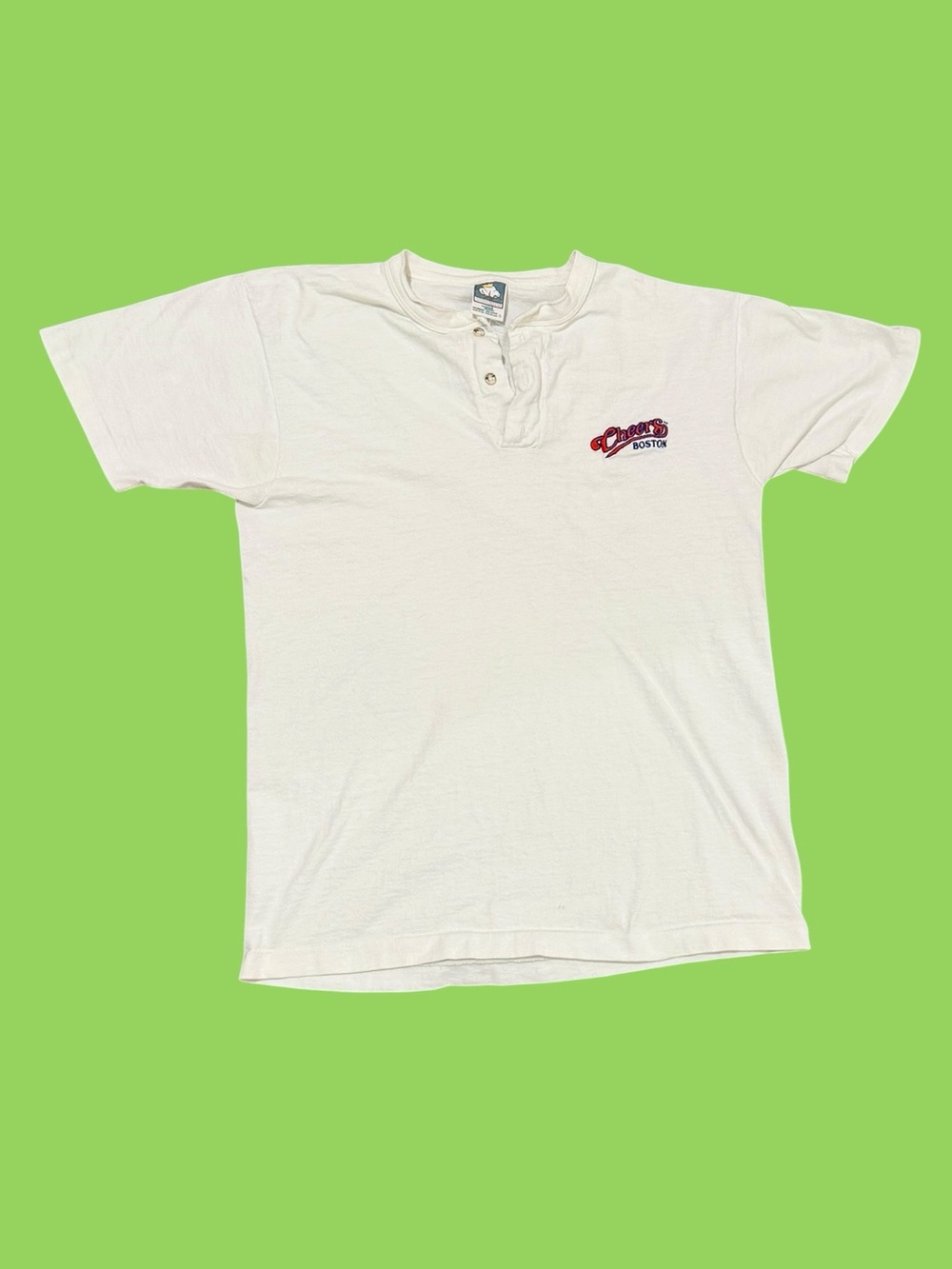 Vintage 90s Cheers Boston Henley Shirt Made USA Single Stitch Embroidered TV
